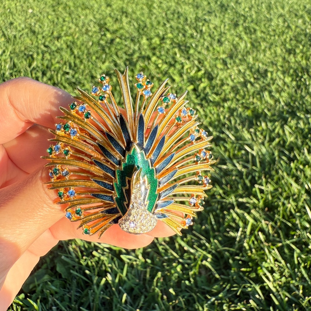 Jomaz Vintage Gold-Tone Peacock Fan Brooch with Green Enamel & Rhinestones